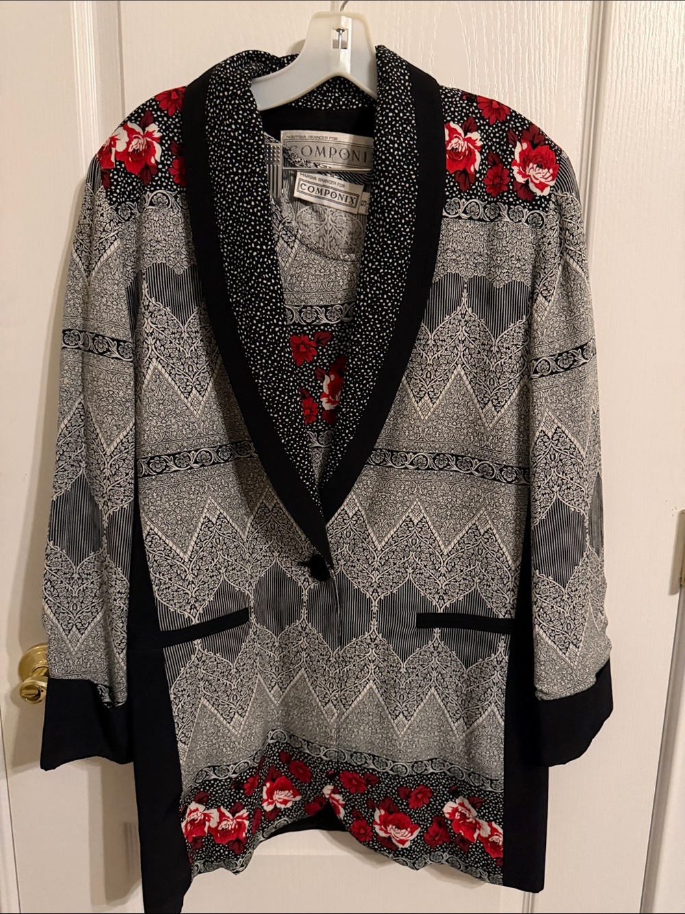 Componix Black & White Blazer/3 pieces with Red Floral Accents
